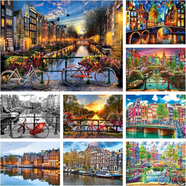 YUTTEE 5D Diamantmalerei Amsterdam Stadtbild mit Fahrrad und Sonnenuntergang als Kreuzstich Dekoration B/H: 30 x 20 cm - Bild 1