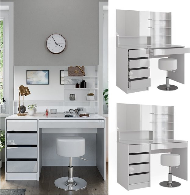 Vicco Schminktisch Sherry Weiß Hochglanz mit Spiegel, Regal und Hocker, B: 120 cm, T: 75 cm, H: 75 cm - Bild 1