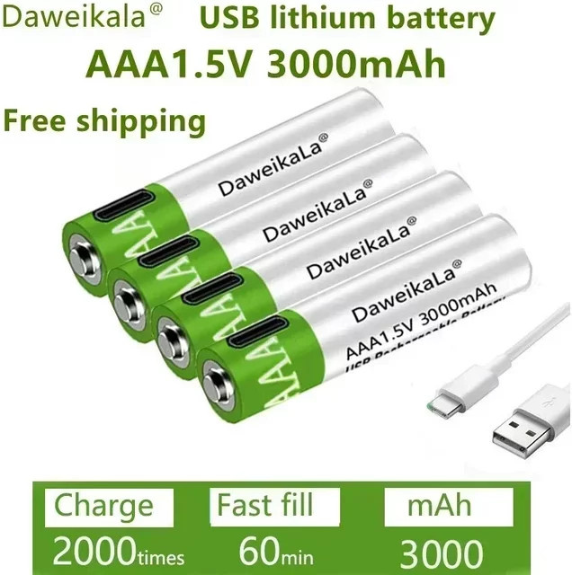 Dadolii AAA Li-Ionen Akku 1,5V 3000 mAh mit USB-C Ladeanschluss, Grün - Bild 1