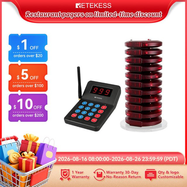 RETEKESS T119 Drahtloses Restaurant-Paging-System mit Coaster-Vibrations-Buzzer-Empfänger und 2-Wege-Ladefunktion für Cafés und Food Trucks - Bild 1