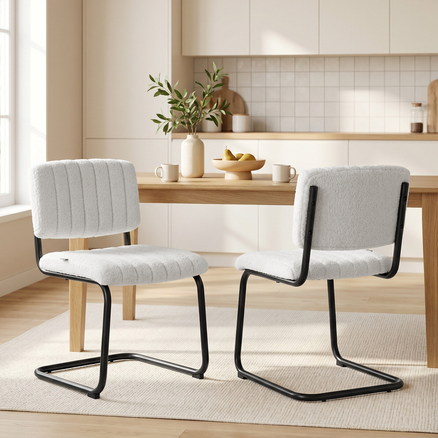 HOMCOM Esszimmerstühle 2er Set modern Freischwinger mit hoher Rückenlehne in Teddyfleece-Optik und Stahlgestell, Cremeweiß - Bild 2