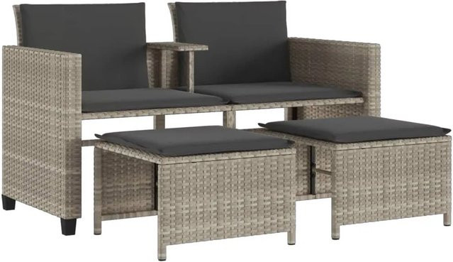vidaXL Gartenmöbel Set aus PE-Rattan in Grau bestehend aus 2-Sitzer-Gartensofa mit Tisch und 2 Hockern inklusive UV-beständiger Polsterkissen - Bild 1
