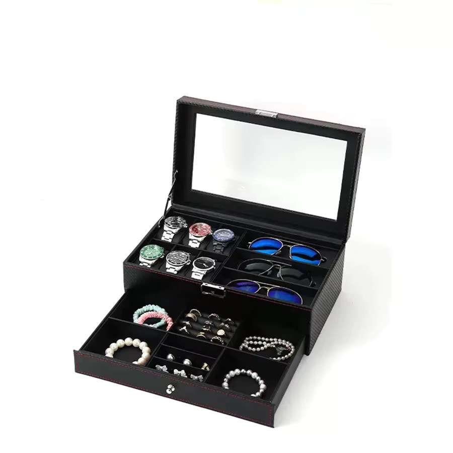 DOKW Uhrenaufbewahrungsbox in Schwarz mit Carbon-Grain-Optik als tragbare Schmuckpräsentationsbox für Brillen und Ohrringe - Bild 3