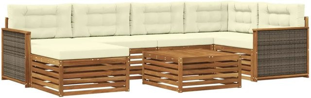 vidaXL Outdoor-Sofagarnitur L-Form aus Akazienholz mit 7 Kissen in Natur und Creme - Bild 1