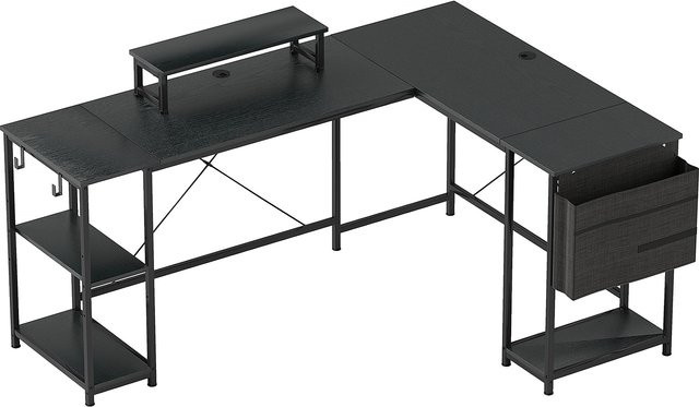 HOMCOM Wendbarer Eckschreibtisch im Industrie-Design mit verstellbarem Regal, Monitorhalter und Aufbewahrungstasche, schwarz, Breite: 168–240 cm - Bild 1