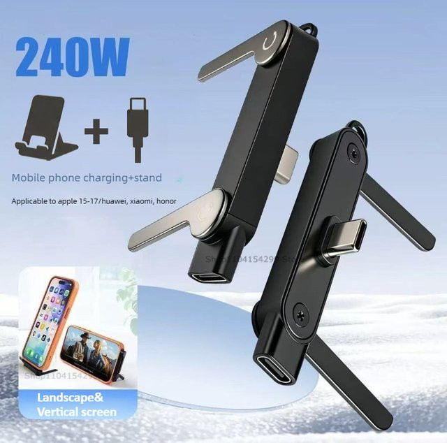 3-in-1 240W Schnellladestation in Orange mit faltbarem Handyhalter für Smartphones und Tablets inklusive USB-C Konverter - Bild 1