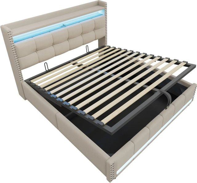okwish Kinderbett mit LED-Beleuchtung, USB-C Ladestation und Stauraum in Beige, B/T/H: 180 x 200 x 115 cm (ohne Matratze) - Bild 1