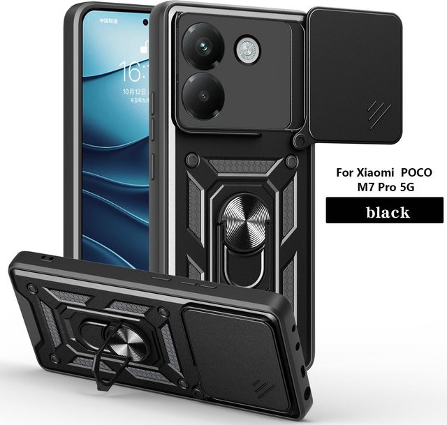 Xiaomi Poco M7 Pro 5G Handyhülle mit magnetischem Ringhalter und Schiebe-Kameraschutz in Schwarz oder Grün - Bild 1
