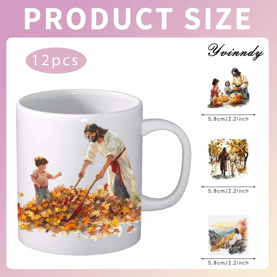 12er Set UV DTF Aufkleber für Glasgefäße mit Herbst- und Jesus-Motiven in Multicolour - Bild 1