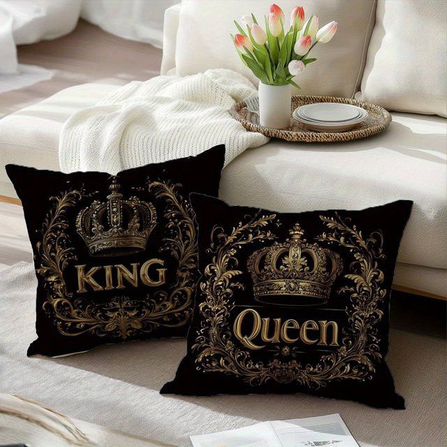 2er-Set Vintage-Kissenbezüge mit König- und Königin-Kronen in Schwarz, quadratische Kissenbezüge für dein Sofa oder Wohnzimmer - Bild 1