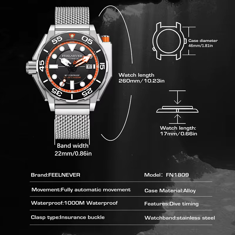 FEELNEVER Herrenuhr, Automatik, Edelstahl, Silber, Milanaise, 100 ATM - Bild 3