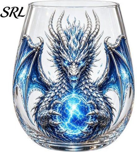 Mythic Glass Art Drachen Whiskyglas Tumbler mit 3D-Skulptur und Kristallkugel, Blau, 400 ml - Bild 1
