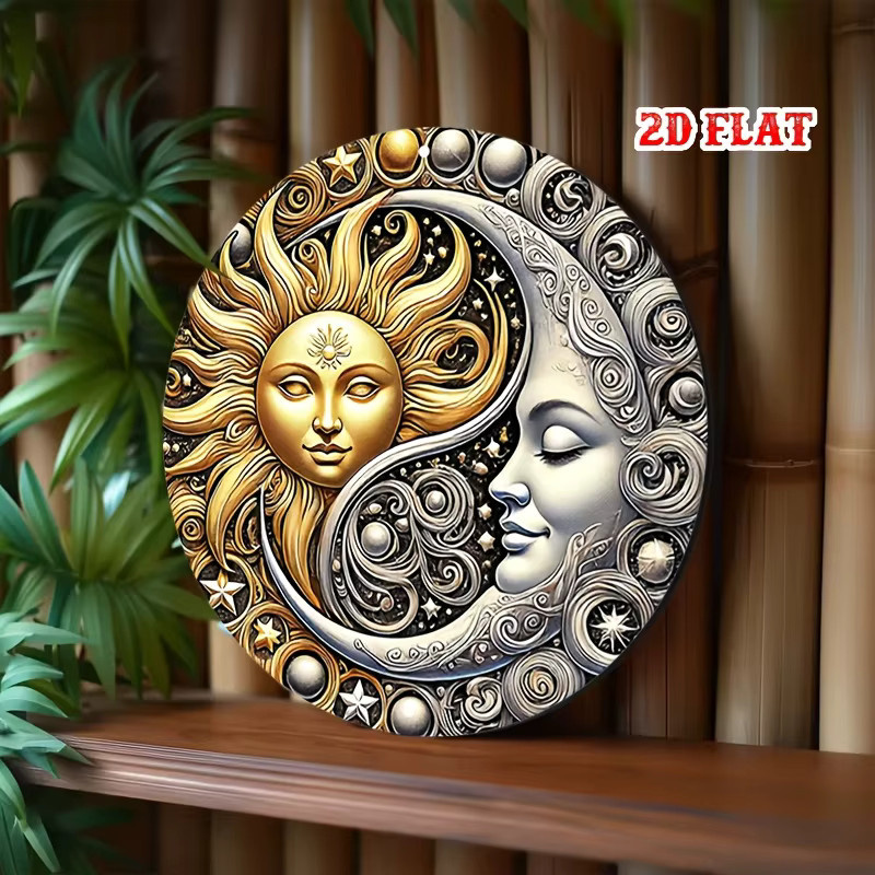Potdemiel Yin Yang Mond Aluminiumschild als runde Metall Wanddekoration im Boho Stil, Durchmesser: 20 cm - Bild 6