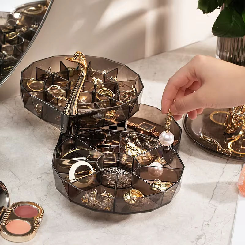 Schwan Schmucks Schmuckvitrine aus Kunststoff mit großer Kapazität und mehreren Ebenen in Grau und Transparent mit Goldakzenten - Bild 3