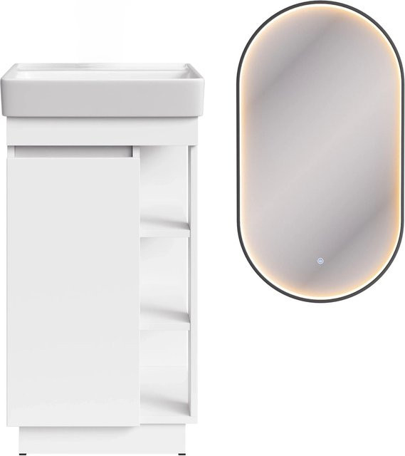 Planetmöbel Badmöbel Set NYX in Matt Weiß mit Waschbecken und LED Spiegel GLORA, Breite: 45 cm - Bild 1