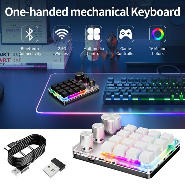 GGBEE Mechanisches Macropad mit 16 Tasten und RGB, Programmierbare 3-Knopf Bluetooth Tastatur mit Hotswap, 2,4 G und Kabelmodus, Weiß/Mehrfarbig - Bild 1