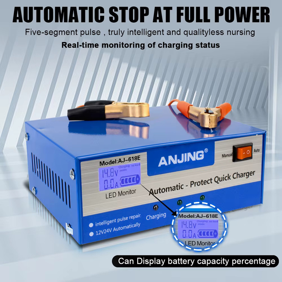 Intelligentes Autobatterie-Ladegerät mit Impulsreparatur für 12V/24V Blei-Säure-Batterien bis 200Ah, Blau, inklusive EU/US-Stecker und Adapter - Bild 2