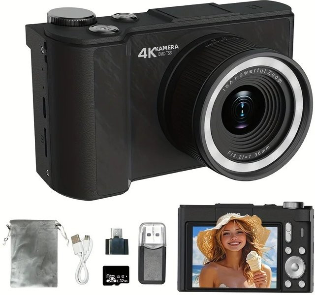W&O 4K Digitalkamera mit Ringlicht und 180 Grad Flip-Screen für Vlogging, Black - Bild 1