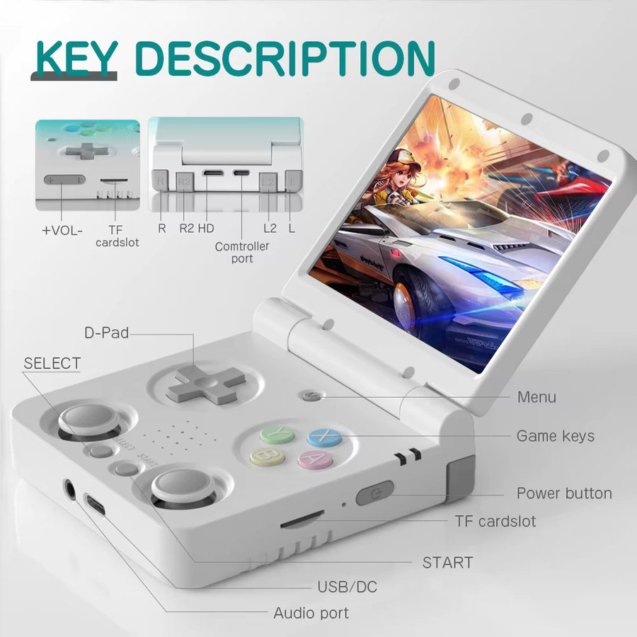 MIYOO Flip V2 Retro-Handheld-Spielkonsole mit 3,5 Zoll IPS-Bildschirm und Metallscharnier in Gelb und Weiß - Bild 2
