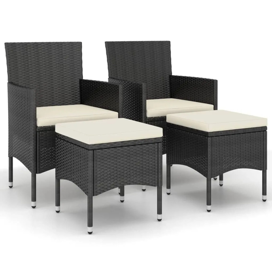 Furnicato Gartenstuhl und Hocker Set 4-teilig aus PE-Rattan und Stahl in Schwarz mit cremeweißen Sitzkissen, B/T/H: 53 x 58 x 84 cm - Bild 2