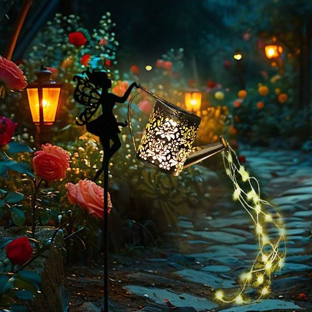 Solar-Gießkanne mit Feen-Lichterkette und fließendem Wassereffekt in Gold/Messing für Garten und Terrasse - Bild 1