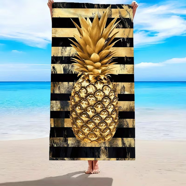 Golden Pineapple Strandtuch mit geometrischem Streifendruck, schnell trocknend und sanddicht, Unisex - Bild 1