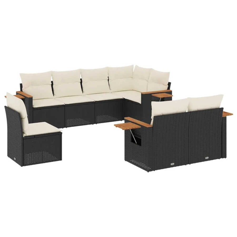 vidaXL 8-teilige Garten-Sofagarnitur in L-Form aus Poly-Rattan und Akazienholz mit Kissen in Schwarz-Creme - Bild 2