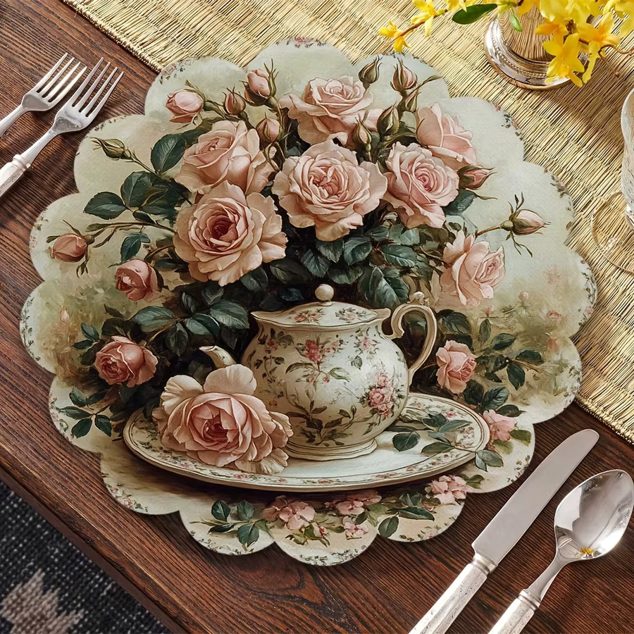 VIKAMA 4er-Set Platzsets mit Rosenblumen-Design in Rosa, rund, aus Leinen - Bild 2