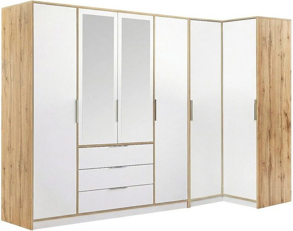 Vente-unique Kleiderschrank Lamiki Eckschrank mit integrierten Schubladen und Spiegel in Weiß, Breite: 302 cm, Höhe: 200 cm, Tiefe: 106,5 cm