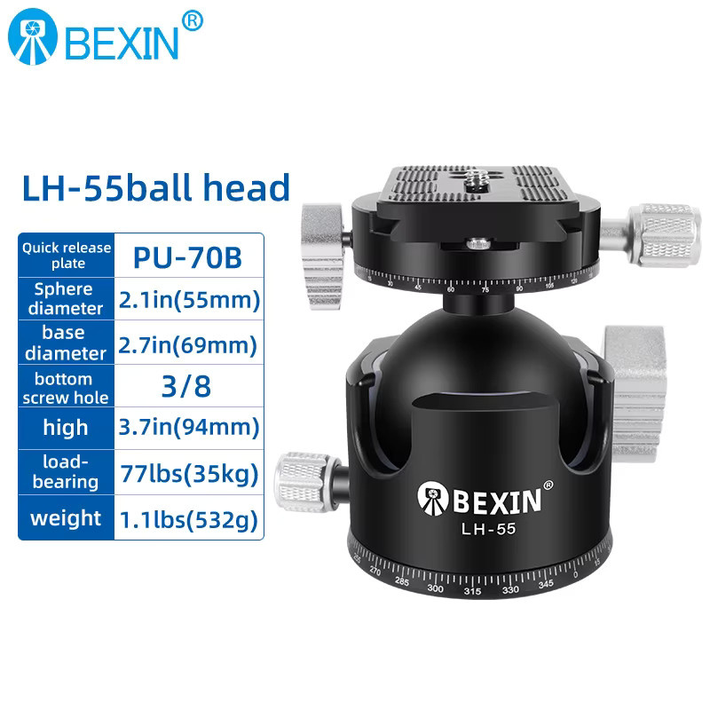 BEXIN Stativ-Kugelkopf in Schwarz mit extrem niedrigem Profil, doppelter U-Kerbe und Dämpfungseinstellung, Höhe: 55 mm bis 28 mm - Bild 3