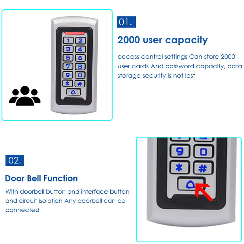 LUCKING DOOR RFID-Zugangskontrolltastatur aus Zinklegierung in Silber oder Weiß mit LED-Hintergrundbeleuchtung, Kartenleser und 10 Schlüsselanhängern für bis zu 2000 Benutzer - Bild 5
