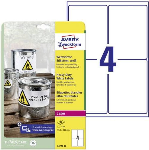 Avery Zweckform L4774-20 Wetterfeste Folienetiketten Weiß, A4, 80 Stück, Breite: 99,1 mm, Höhe: 139 mm - Bild 1