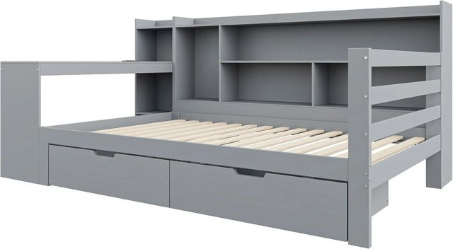 Merax Schlafsofa mit Schreibtisch und Regal in Grau aus Massivholz und MDF, B/T/H: 245,5 x 120 x 90 cm - Bild 1
