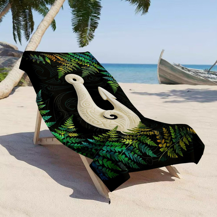 Maori Strandtuch aus weicher Mikrofaser mit Hei Matau und Farn Druck, schnelltrocknendes Badetuch für Pool und Reise, Breite: 40 cm, Höhe: 60 cm - Bild 3