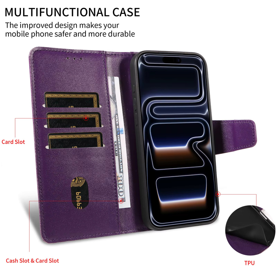Leder-Handyhülle für Samsung Galaxy M36 M16 F16 F36 S25FE S26 PRO Edge Ultra Plus A07 A17 mit Kartenhalter und Ständer in Braun und Lila - Bild 5