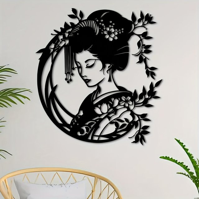 CIFBUY Vintage Geisha Metall-Wandkunst in Schwarz mit floralem Design, rundes orientalisches Gartenschild für deine Heimdekoration - Bild 1