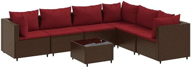 vidaXL 7-teiliges Garten-Lounge-Set in L-Form mit Kissen und Couchtisch, Braun, Poly Rattan und Metallrahmen - Bild 1