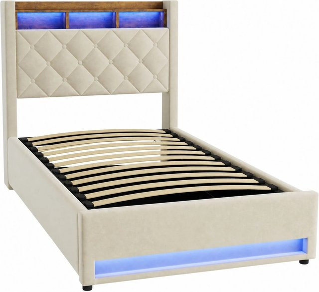 okwish Polsterbett mit LED-Beleuchtung, USB-Steckdosen und integrierter Leselampe in Beige, B/H: 90 x 190 cm - Bild 1