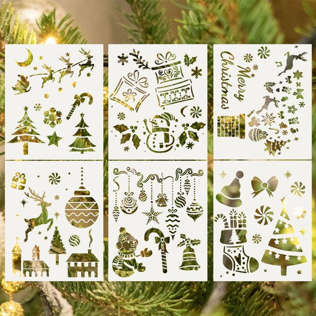Bview Art 6-teiliges Weihnachtsmotiv Gemälde-Schablonen-Set aus wiederverwendbarem PET-Kunststoff für DIY-Dekoration und Wandspray - Bild 1