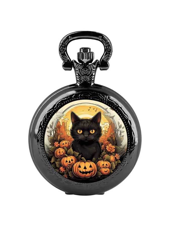 RUNERR Halloween Quarz-Taschenuhr mit schwarzer Katze, Glaskuppel und Kette, Schwarz - Bild 5