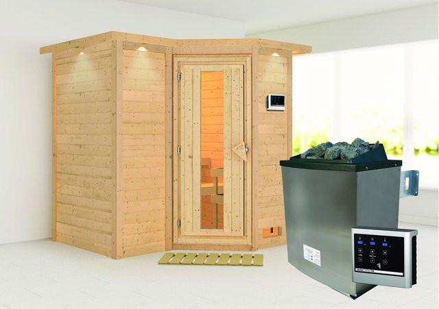 Karibu Massivholzsauna SAHIB 1 in Braun mit 9,0 kW Ofen, Steuergerät und Dachkranz, B/T/H: 193 x 184 x 212 cm - Bild 1