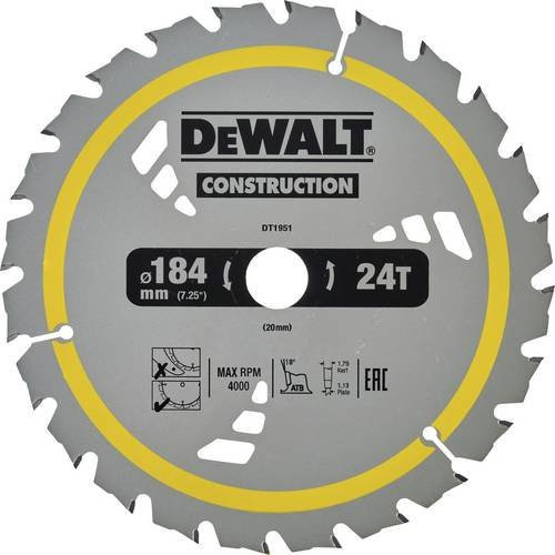 DEWALT Kreissägeblatt DT1951-QZ für Akku-Kreissägen, Durchmesser: 184 mm, 24 Zähne, Farbe: Silber - Bild 1
