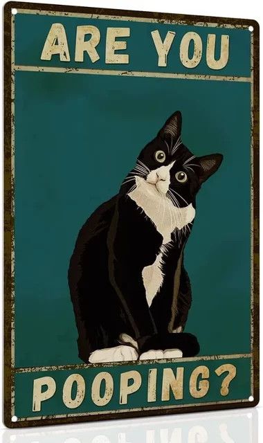 Humorvolles Badezimmer-Wandschild von HELLOYOUNG mit Smoking-Katze aus Aluminium, Wanddekoration Are You Pooping, B/H: 30,0 x 20,0 cm - Bild 1