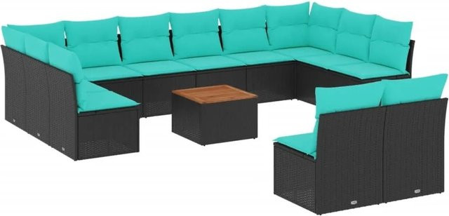 vidaXL 13-teilige Garten-Sofagarnitur aus Poly-Rattan und Akazienholz in Schwarz mit Kissen - Bild 1