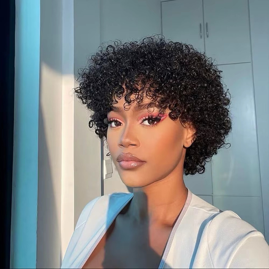 OYM HAIR Perücke, kurze Pixie-Echthaarperücke, lockig, Damen - Bild 3