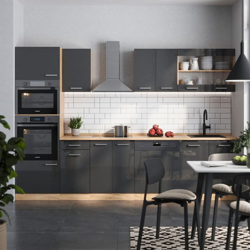 Vicco Küchenzeile R-Line in Anthrazit Hochglanz und Eiche Natur mit Hochschrank und Marmor-Optik, Breite: 300 cm, Höhe: 207 cm, Tiefe: 60 cm - Bild 1