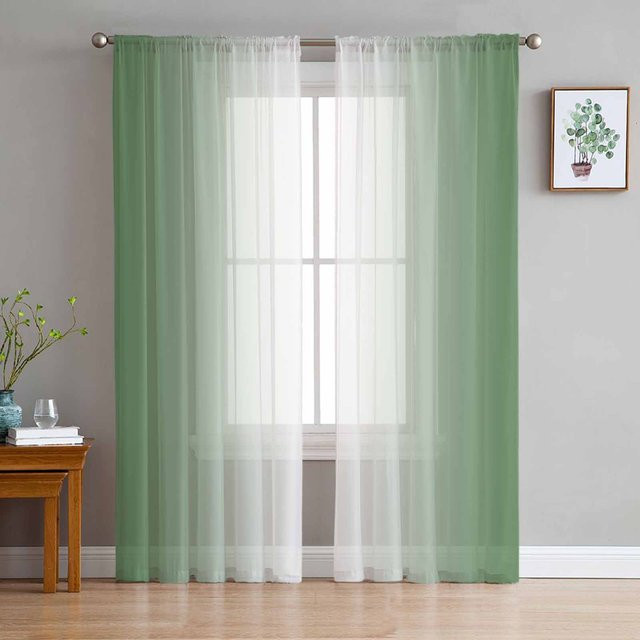 Yiran Furniture Transparentes Tüll-Voile-Organza-Vorhang mit Farbverlauf in Blaugrün und Khaki, Breite: 135 cm, Höhe: 115 cm - Bild 1