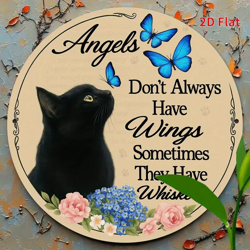Rundes Metallschild Potdemiel Vintage Angel Cat mit blauen Schmetterlingen und floralem Design in Multicolour, Durchmesser: 20,0 cm - Bild 3