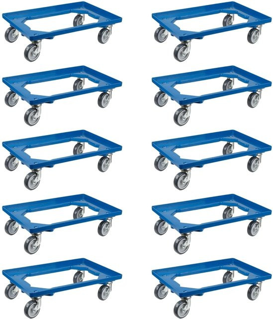 PROREGAL SparSet 10x Transportroller für Euroboxen in Blau mit Gummirädern, offenes Deck, 2 Lenkrollen und 2 Bremsrollen, Traglast 300 kg, B/T: 60 x 40 cm - Bild 1