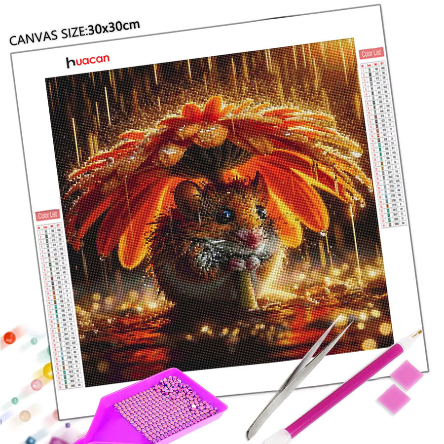 Huacan Diamantgemälde Eichhörnchen und Hamster mit Blumen als Diamantmosaik in Mehrfarbig, B/B/H: 20 x 20 x 20 cm - Bild 2